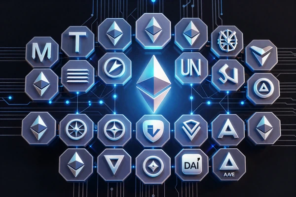 ERC-20 token ecosystem visualization showing major Ethereum tokens supported by VEXA Wallet